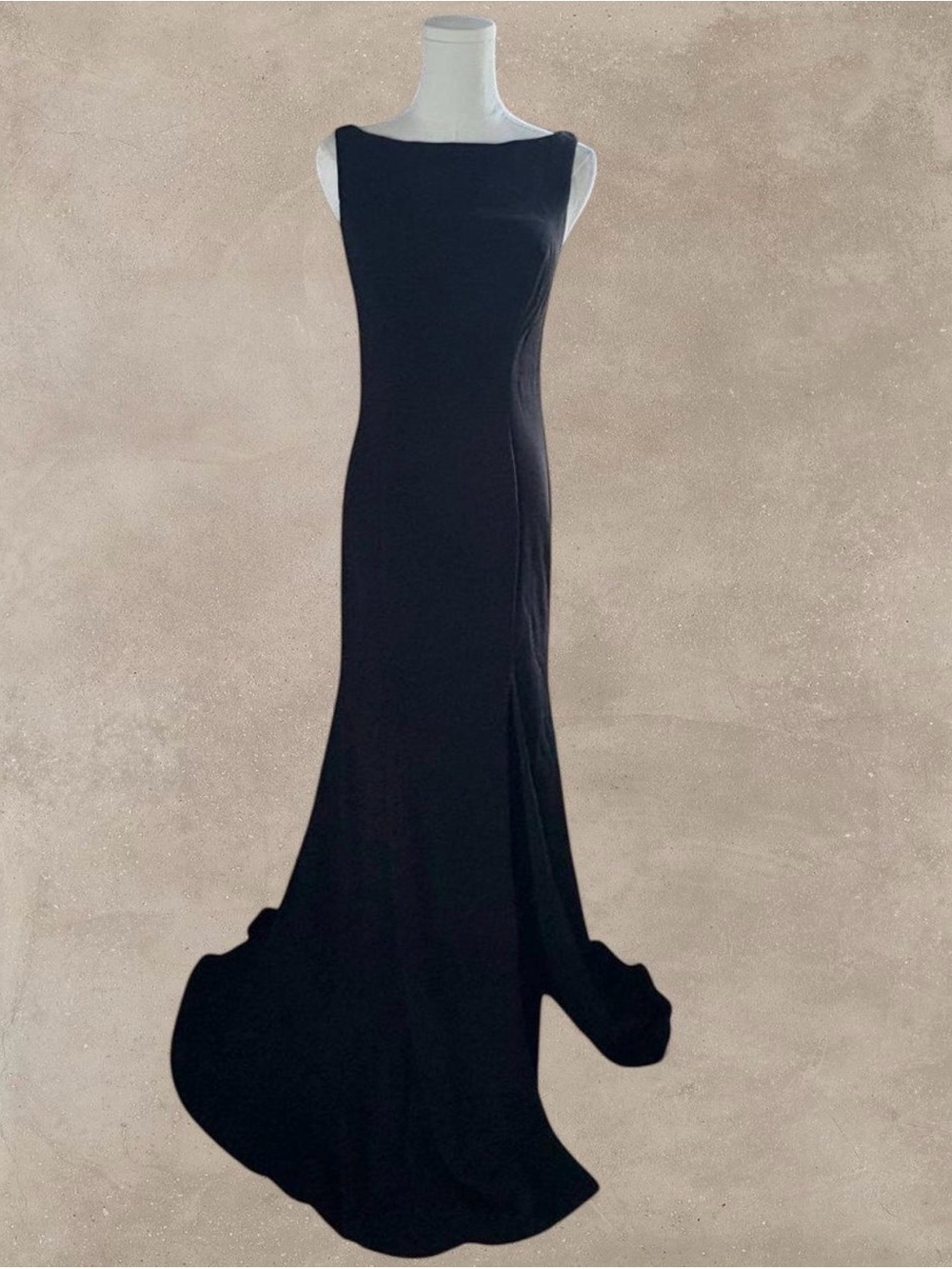 Azazie Black Floor Length Gown Boat Neck High Slit Mesh Panels Formal Dress